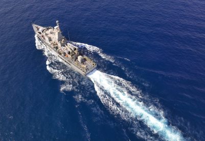 Aerial,Drone,Photo,Of,Armed,Navy,Patrol,Ship,Cruising,Deep